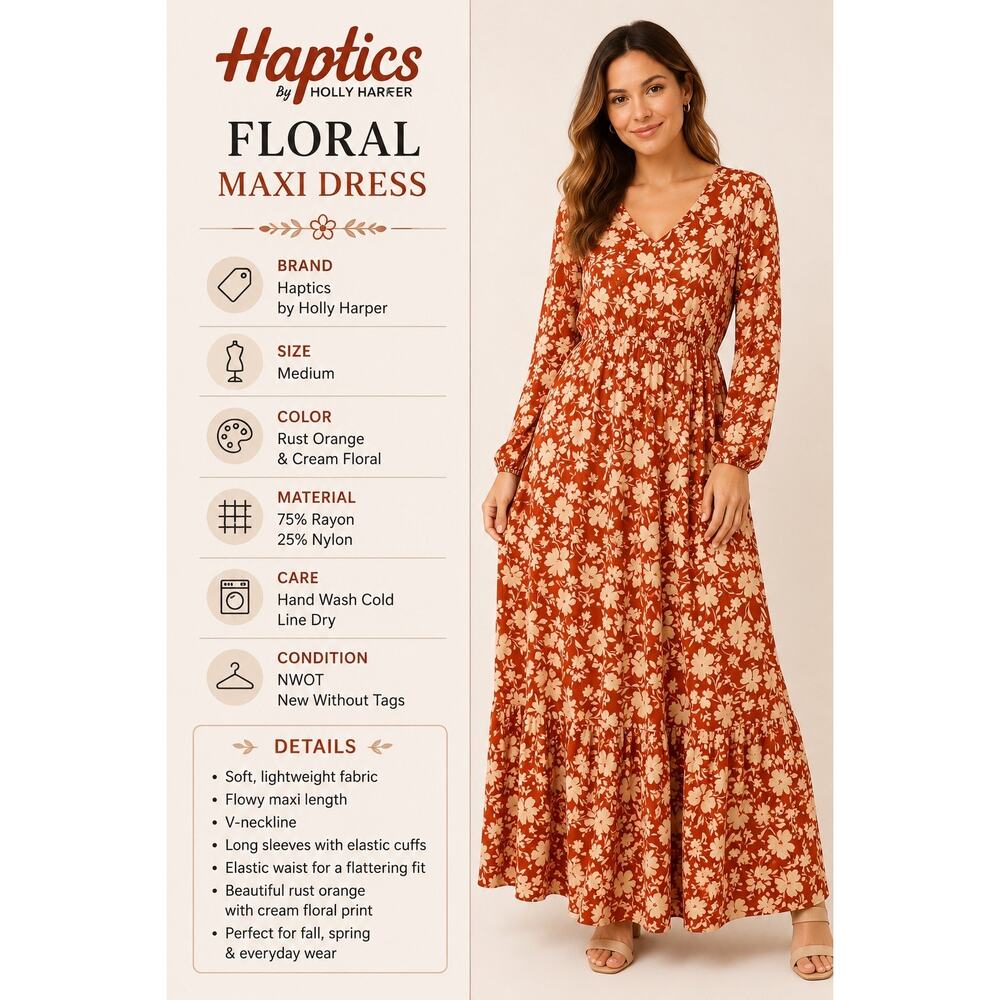 Haptics by Holly Harper Maxi Dress Medium Rust Orange Floral Boho NWOT